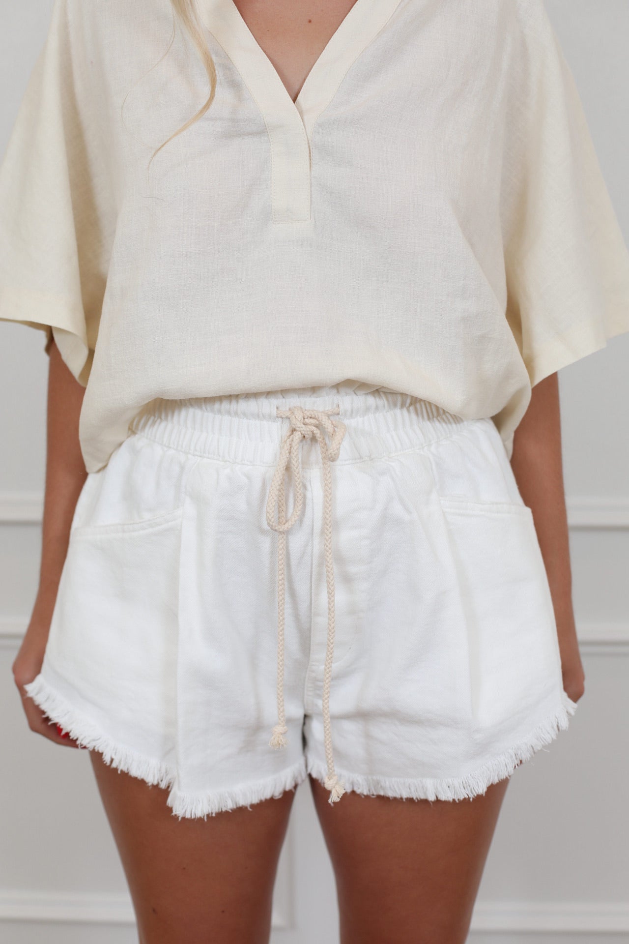 White drawstring shorts