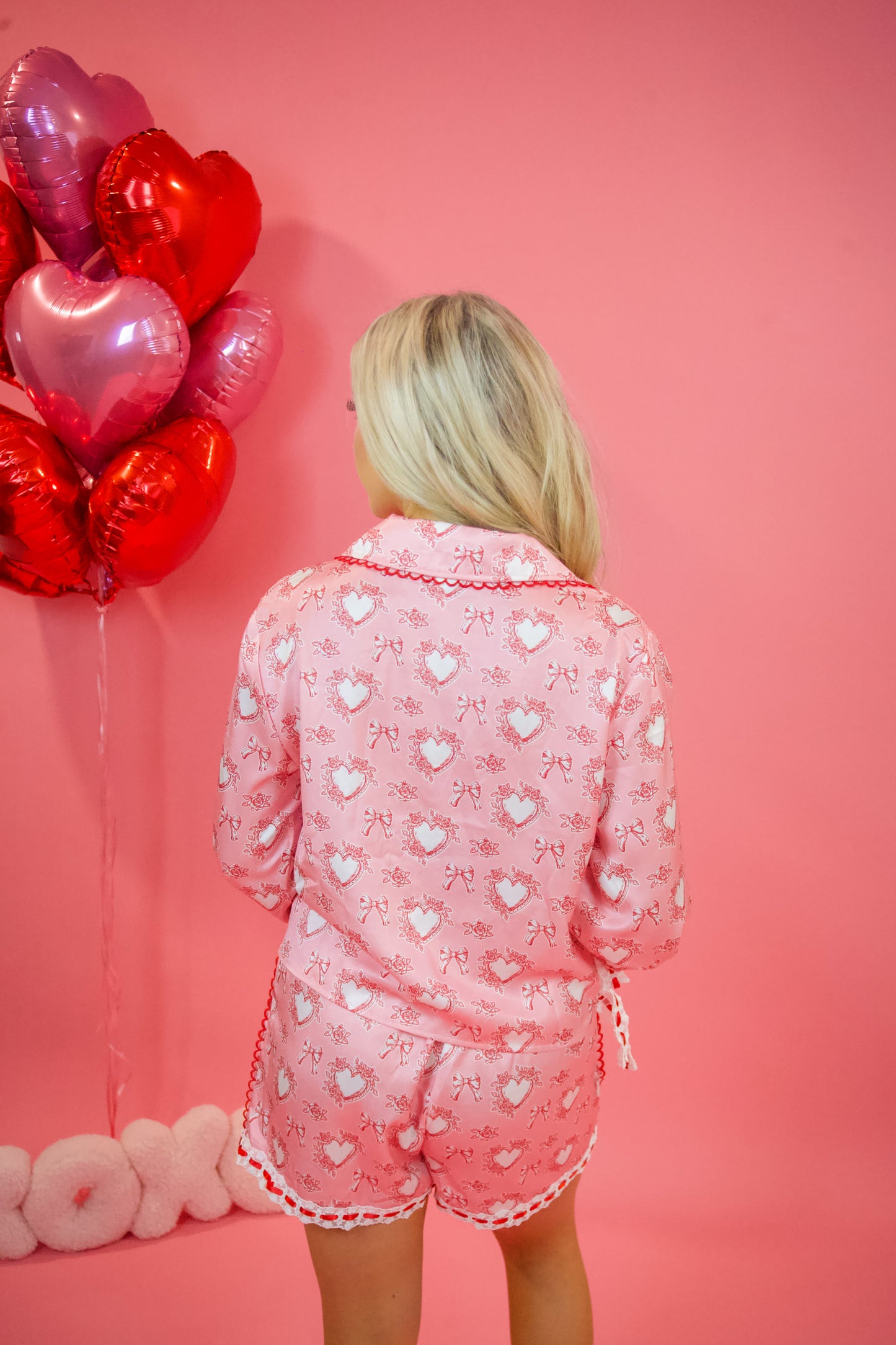 Lace Trim Satin Pajama Set in Pink